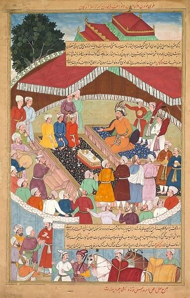 Hulagu Khan giving a feast and dispensing favor upon the amirs and princes... c. 1596-1600