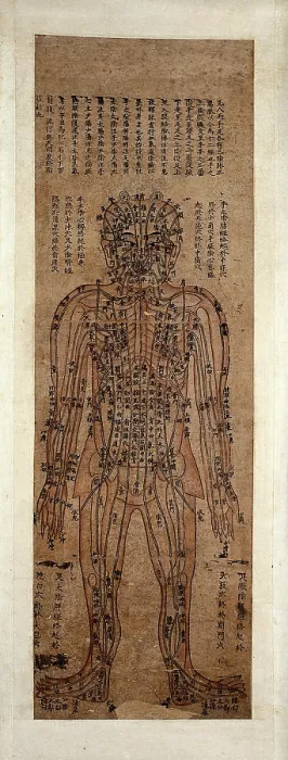 Framed Print : Human body showing acupuncture points; anterior view, (1800-1850?). Creator: Unknown Framed Print : Human body showing acupuncture points; anterior view, (1800-1850?). Creator: Unknown