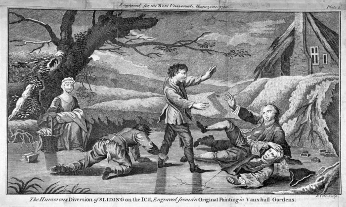 Framed Print : The Humorous Diversion of Sliding on the Ice, c1745. Artist: Benjamin Cole Framed Print : The Humorous Diversion of Sliding on the Ice, c1745. Artist: Benjamin Cole
