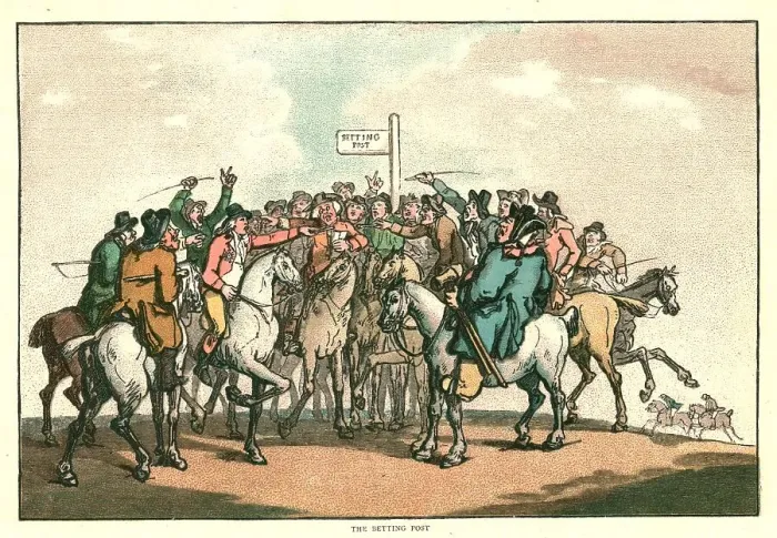 Framed Print : The Humours of Horse Racing, the Betting Post, c1816 (1886). Creator: Unknown Framed Print : The Humours of Horse Racing, the Betting Post, c1816 (1886). Creator: Unknown