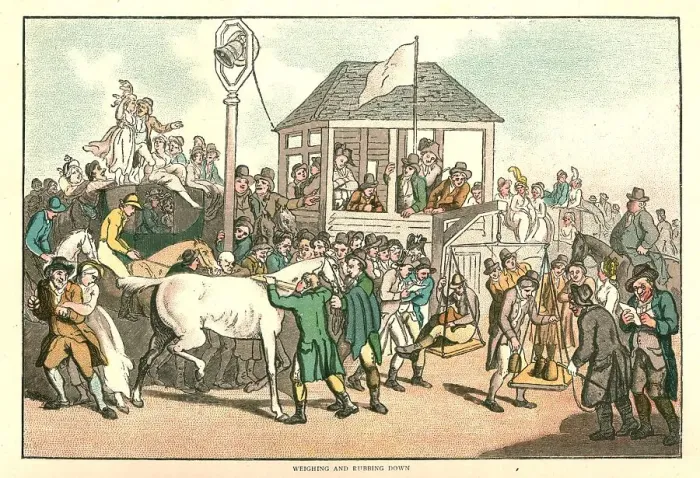 Framed Print : The Humours of Horse Racing, Weighing and Rubbing Down, c1816 (1886). Creator: Unknown Framed Print : The Humours of Horse Racing, Weighing and Rubbing Down, c1816 (1886). Creator: Unknown