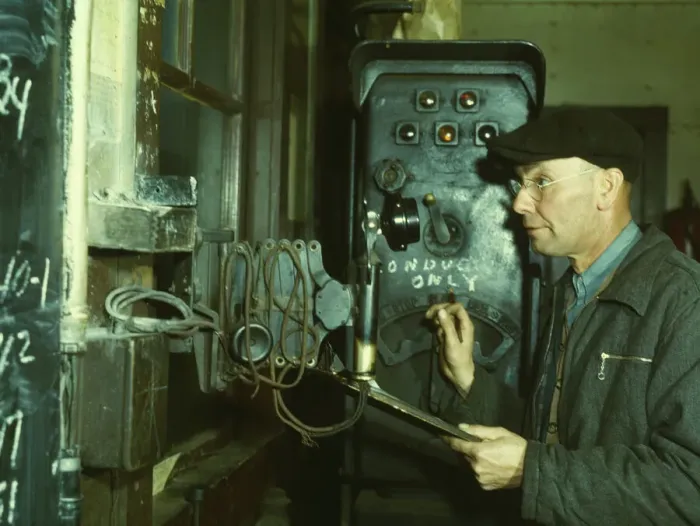Framed Print : Hump master in a Chicago and North Western railroad yard operating a signal... Chicago, Ill. 1942. Creator: Jack Delano Framed Print : Hump master in a Chicago and North Western railroad yard operating a signal... Chicago, Ill. 1942. Creator: Jack Delano