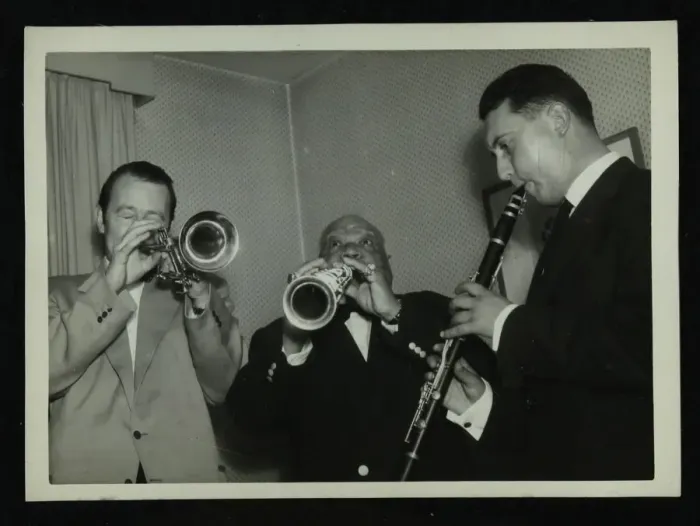 Framed Print : Humphrey Lyttelton, Sidney Bechet and unknown clarinetist, Colston Hall, Bristol, 1956 Framed Print : Humphrey Lyttelton, Sidney Bechet and unknown clarinetist, Colston Hall, Bristol, 1956