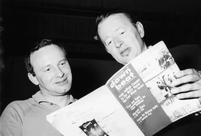 Framed Print : Humphrey Lyttleton and Alex Welsh reading a copy of Down Beat magazine, 1963. Creator Framed Print : Humphrey Lyttleton and Alex Welsh reading a copy of Down Beat magazine, 1963. Creator