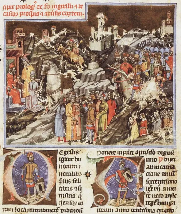Framed Print : Hungarian conquest of the Carpathian Basin. Miniature from the Chronicon Pictum, ca 1365. Creator: Mark of Kalt (Kalti Mark) (active 1336-1373) Framed Print : Hungarian conquest of the Carpathian Basin. Miniature from the Chronicon Pictum, ca 1365. Creator: Mark of Kalt (Kalti Mark) (active 1336-1373)