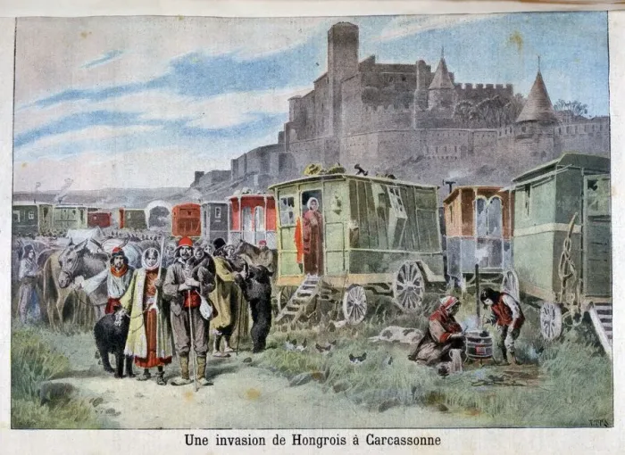 Framed Print : Hungarian gypsies outside Carcassonne, France, 1898. Artist: Henri Meyer Framed Print : Hungarian gypsies outside Carcassonne, France, 1898. Artist: Henri Meyer