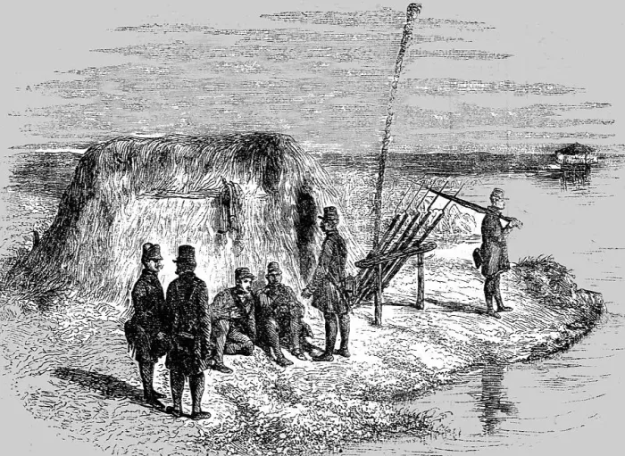 Framed Print : Hungarian military outpost on the shores of the Danube, 1854. Creator: Unknown Framed Print : Hungarian military outpost on the shores of the Danube, 1854. Creator: Unknown