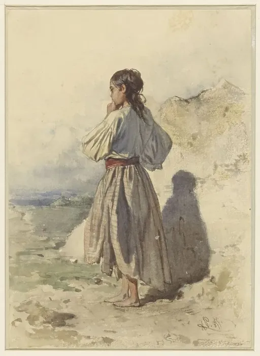 Framed Print : Hungarian woman, standing three-quarters to the left, seen from behind, 1855. Creator: August von Pettenkofen Framed Print : Hungarian woman, standing three-quarters to the left, seen from behind, 1855. Creator: August von Pettenkofen
