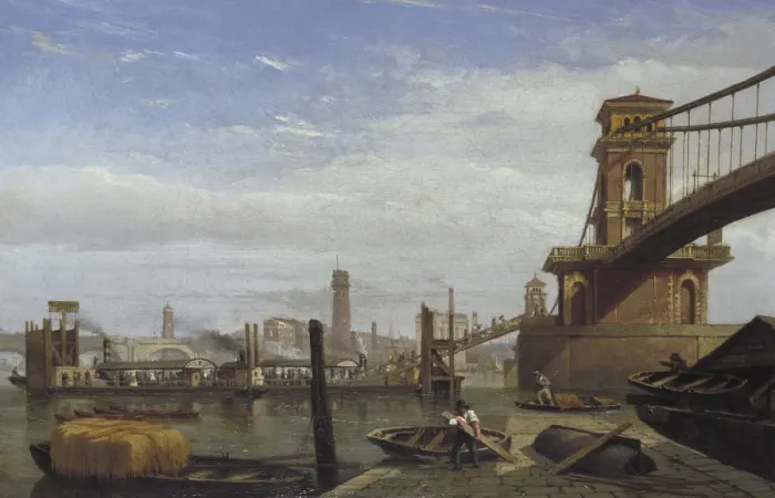 Framed Print : Hungerford Pier and Footbridge, c1850 Framed Print : Hungerford Pier and Footbridge, c1850