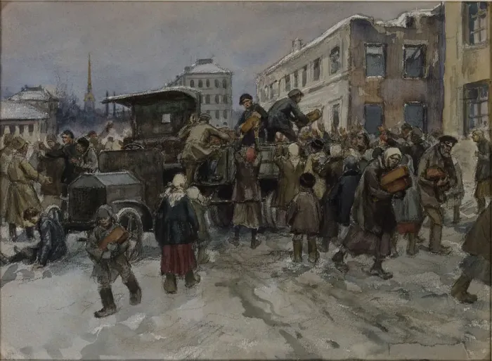 Framed Print : Hungry workmen in Petrograd robbing a military lorry of bread, 1920