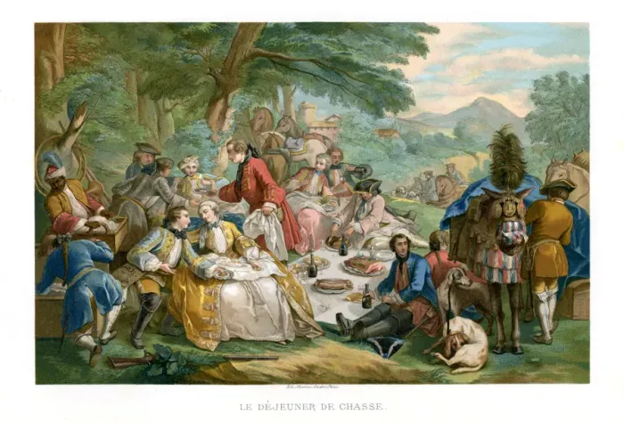 Framed Print : Hunt Breakfast, 1737, (1885). Artist: Urrabieta Framed Print : Hunt Breakfast, 1737, (1885). Artist: Urrabieta