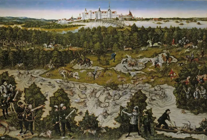 Framed Print : Hunt in Honour of Emperor Ferdinand I at Torgau Castle. Artist: Cranach, Lucas, the Elder (1472-1553) Framed Print : Hunt in Honour of Emperor Ferdinand I at Torgau Castle. Artist: Cranach, Lucas, the Elder (1472-1553)