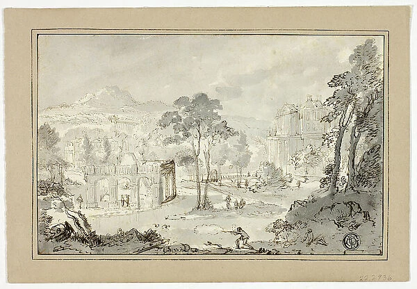 Hunter with Dog, Other Figures in Landscape with Villa, Canal, Pyramid, n.d. Creator: Gaspar van Wittell