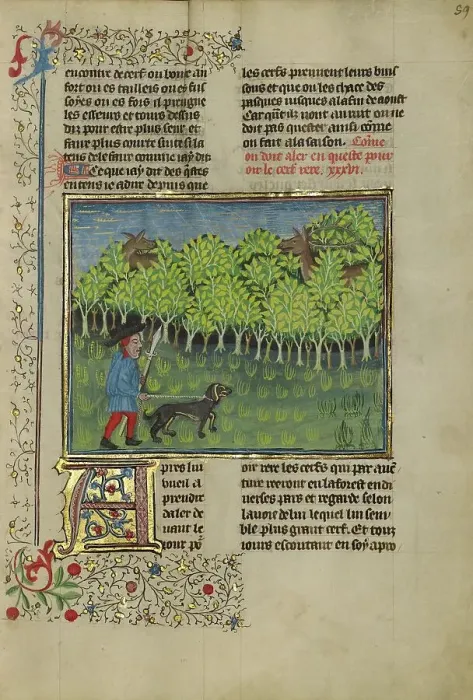 Framed Print : A Hunter and a Dog Spying on a Doe and a Troating Stag; Livre de la Chasse, about 1430-1440. Creator: Unknown Framed Print : A Hunter and a Dog Spying on a Doe and a Troating Stag; Livre de la Chasse, about 1430-1440. Creator: Unknown