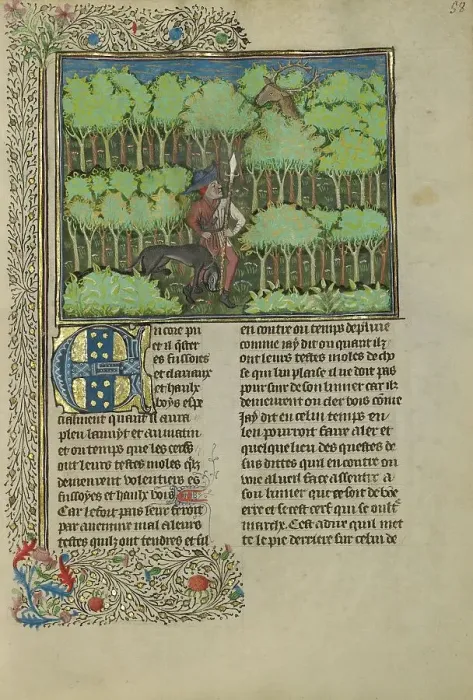 Framed Print : A Hunter and a Dog Tracking in a Forest; Livre de la Chasse, about 1430-1440. Creator: Unknown