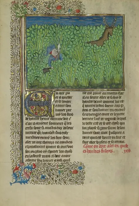Framed Print : A Hunter and a Dog Tracking in a Thicket; Livre de la Chasse, about 1430-1440. Creator: Unknown