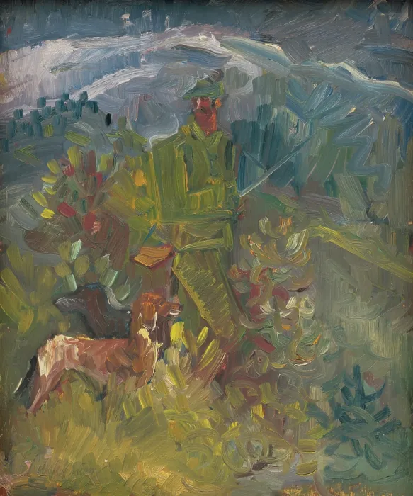 Framed Print : Hunter with Two Dogs, 1940-1944. Creator: Arnold Peter Weisz-Kubincan