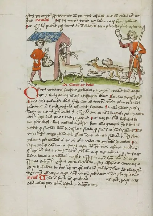 Framed Print : A Hunter with Dogs Hunting Stag Which Runs into an Ox Stall... third quarter of 15th century. Creator: Unknown Framed Print : A Hunter with Dogs Hunting Stag Which Runs into an Ox Stall... third quarter of 15th century. Creator: Unknown