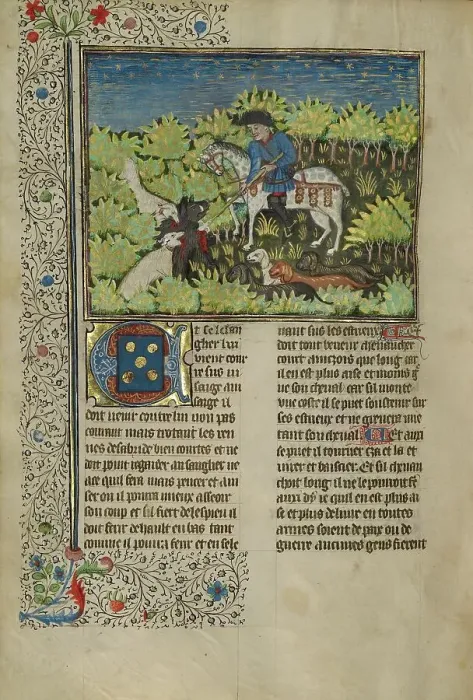 Framed Print : A Hunter and Dogs Killing a Wild Boar; Livre de la Chasse, about 1430-1440. Creator: Unknown Framed Print : A Hunter and Dogs Killing a Wild Boar; Livre de la Chasse, about 1430-1440. Creator: Unknown