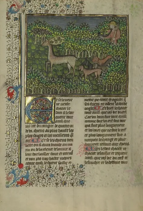 Framed Print : A Hunter and Dogs Pursuing a Fallow Deer; Livre de la Chasse; A Deer Hunt, about 1430-1440. Creator: Unknown Framed Print : A Hunter and Dogs Pursuing a Fallow Deer; Livre de la Chasse; A Deer Hunt, about 1430-1440. Creator: Unknown