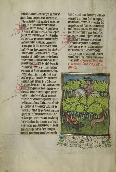 Framed Print : A Hunter and Dogs Pursuing a Roe Deer; Livre de la Chasse, about 1430-1440. Creator: Unknown Framed Print : A Hunter and Dogs Pursuing a Roe Deer; Livre de la Chasse, about 1430-1440. Creator: Unknown
