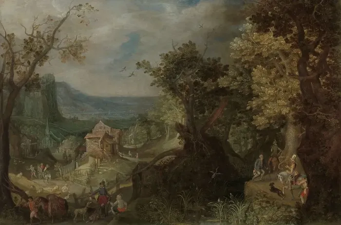 Framed Print : Hunter and Horsemen on a Wooded Road, with a Village in a Valley beyond, 1608. Creator: Anton Mirou Framed Print : Hunter and Horsemen on a Wooded Road, with a Village in a Valley beyond, 1608. Creator: Anton Mirou