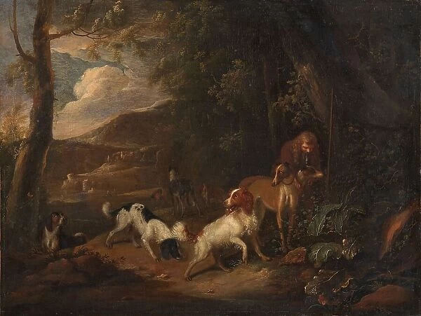 Hunter with Hounds at the Edge of a Wood, c.1696. Creator: Adriaen Cornelisz Beeldemaker