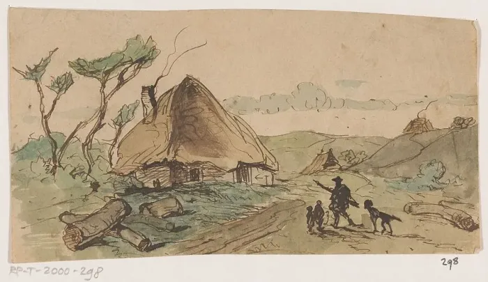 Framed Print : Hunter between houses, 1840-1880. Creator: Johannes Tavenraat Framed Print : Hunter between houses, 1840-1880. Creator: Johannes Tavenraat