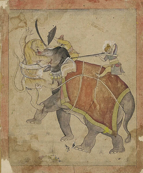 A Hunter Shooting a Tiger Attacking his Elephant, c.late 18th century. Creator: Unknown