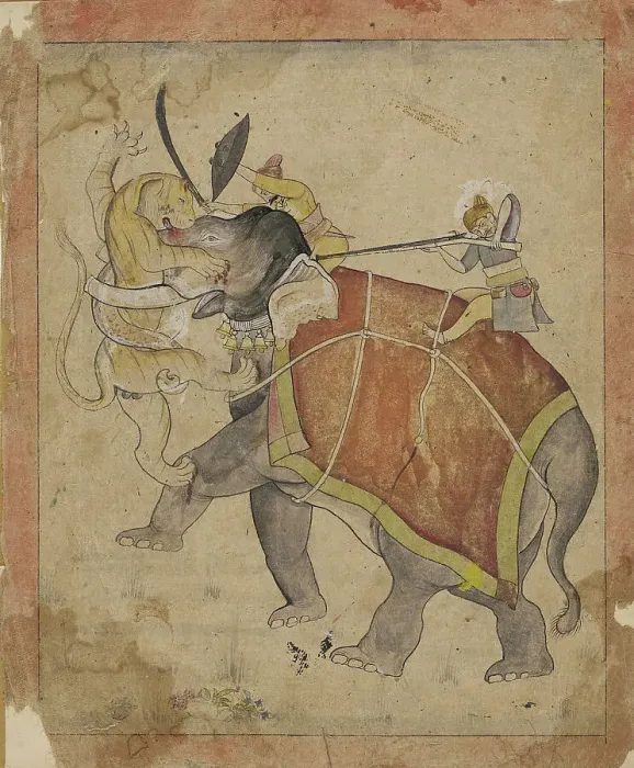 Framed Print : A Hunter Shooting a Tiger Attacking his Elephant, c.late 18th century. Creator: Unknown