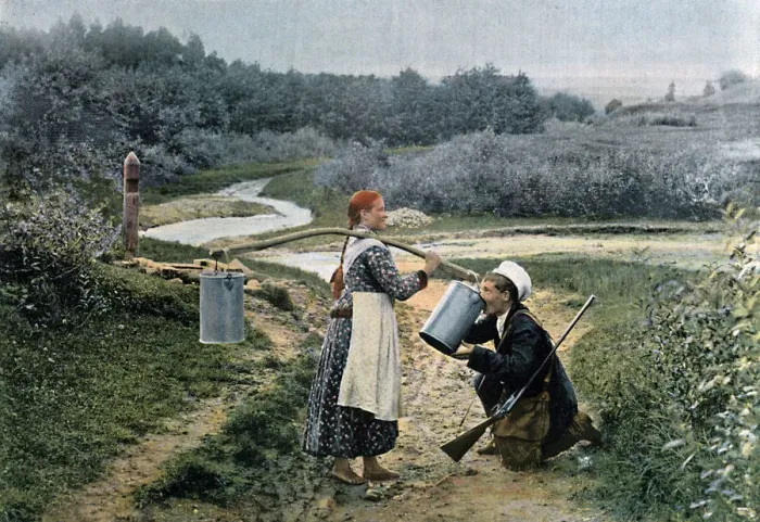 Framed Print : A hunter takes a drink from a young woman, Russia, c1890. Artist: Gillot Framed Print : A hunter takes a drink from a young woman, Russia, c1890. Artist: Gillot