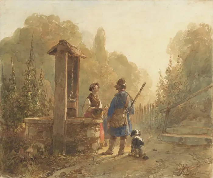 Framed Print : Hunter talking to a farmer's wife at a well, next to him a dog, 1797-1870. Creator: Andreas Schelfhout Framed Print : Hunter talking to a farmer's wife at a well, next to him a dog, 1797-1870. Creator: Andreas Schelfhout