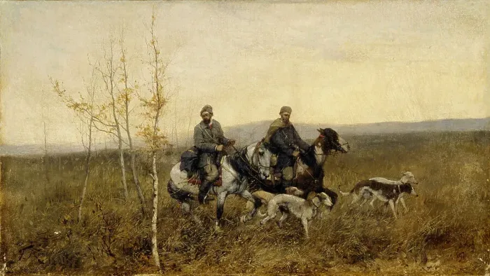 Framed Print : The Hunters, 1881. Artist: Roubaud, Franz (1856-1928) Framed Print : The Hunters, 1881. Artist: Roubaud, Franz (1856-1928)