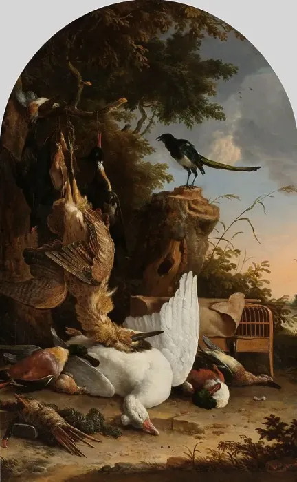 Framed Print : A Hunter's Bag near a Tree Stump with a Magpie, Known as ‘The Contemplative Magpie, c.1678. Creator: Melchior d'Hondecoeter Framed Print : A Hunter's Bag near a Tree Stump with a Magpie, Known as ‘The Contemplative Magpie, c.1678. Creator: Melchior d'Hondecoeter