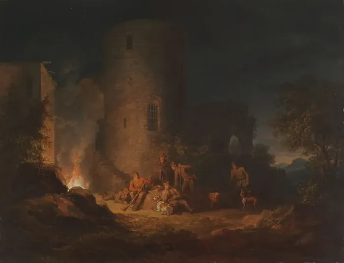 Framed Print : Hunters by a Bonfire, 1814. Creator: Alexander Lauréus Framed Print : Hunters by a Bonfire, 1814. Creator: Alexander Lauréus