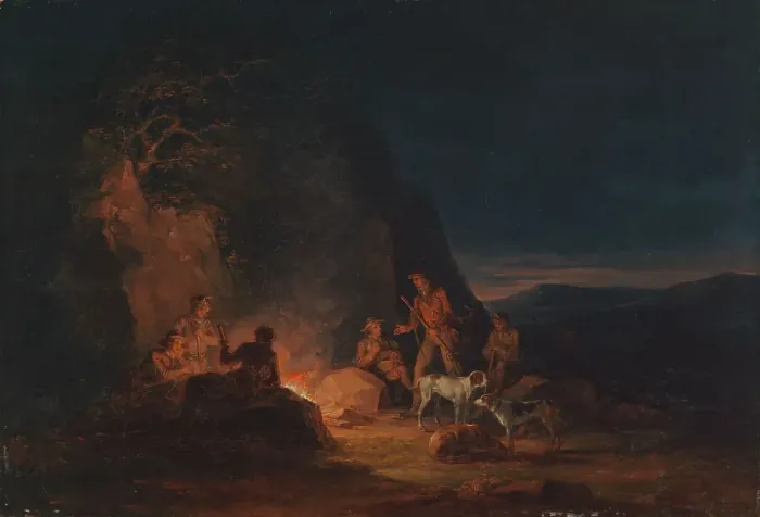 Framed Print : Hunters at a campfire, 1813. Creator: Alexander Lauréus Framed Print : Hunters at a campfire, 1813. Creator: Alexander Lauréus