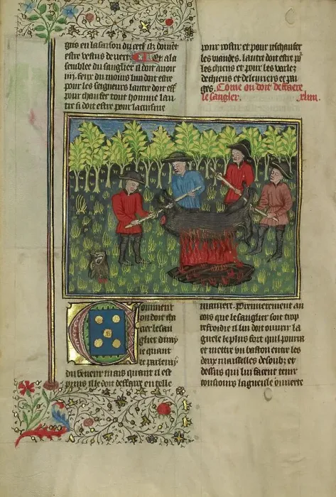 Framed Print : Hunters Dismembering a Boar's Carcass; Hunters Roasting a Dismembered Boar's... about 1430-1440. Creator: Unknown