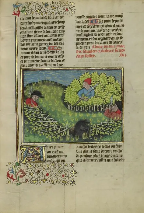 Framed Print : Hunters Driving a Wild Boar into a Pit; Livre de la Chasse, about 1430-1440. Creator: Unknown Framed Print : Hunters Driving a Wild Boar into a Pit; Livre de la Chasse, about 1430-1440. Creator: Unknown