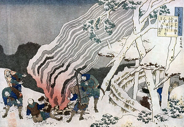 Hunters by a fire in the snow, c1835. Artist: Hokusai