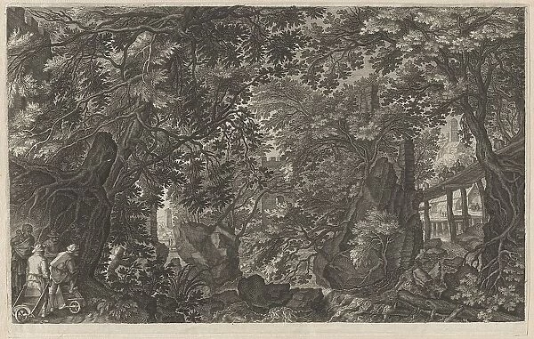 Hunters in a Forest near a Wooden Bridge, 1600 / 1615. Creators: Aegidius Sadeler II, Pieter Stevens