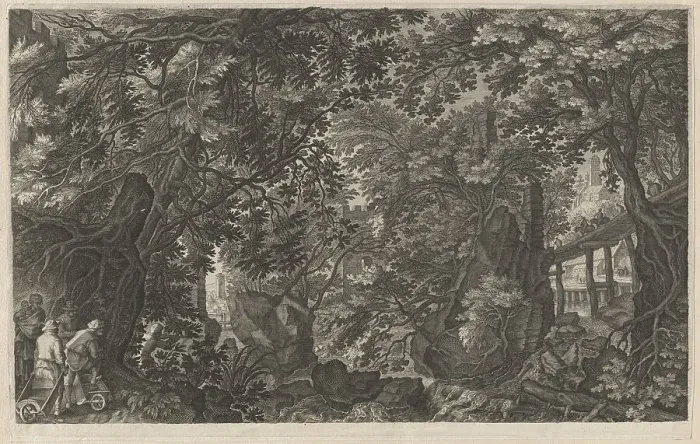 Framed Print : Hunters in a Forest near a Wooden Bridge, 1600 / 1615. Creators: Aegidius Sadeler II, Pieter Stevens Framed Print : Hunters in a Forest near a Wooden Bridge, 1600 / 1615. Creators: Aegidius Sadeler II, Pieter Stevens