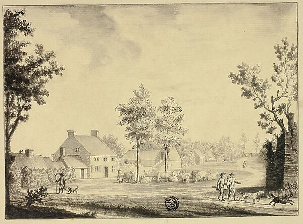 Hunters and Herd of Cattle Outside Country Estate, 18th century. Creator: Ralph Bullock