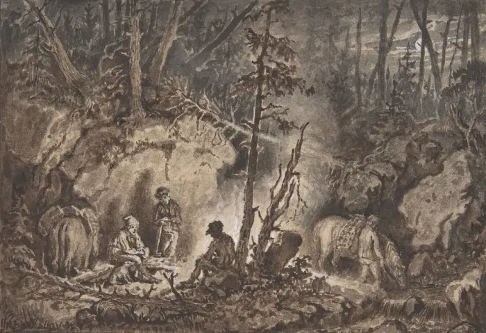 Framed Print : Hunters resting in a forest at night, 1830-60. Creator: Kilian Christoffer Zoll