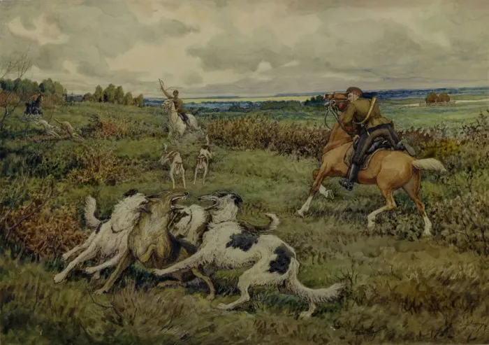 Framed Print : Hunting with Borzois, 1937. Artist: Lissner, Ernest Ernestovich (1874-1941) Framed Print : Hunting with Borzois, 1937. Artist: Lissner, Ernest Ernestovich (1874-1941)