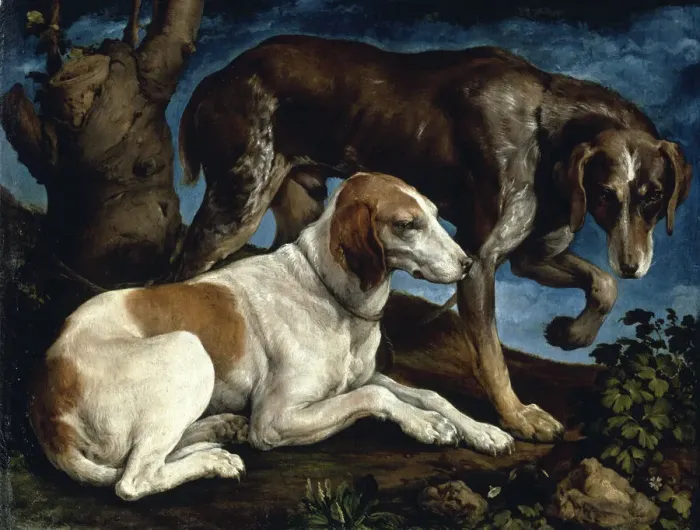 Framed Print : Two hunting dogs, 1548-1549. Creator: Bassano, Jacopo, il vecchio (ca. 1510-1592) Framed Print : Two hunting dogs, 1548-1549. Creator: Bassano, Jacopo, il vecchio (ca. 1510-1592)
