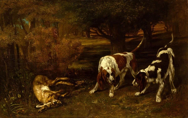 Hunting Dogs with Dead Hare, 1857. Creator: Gustave Courbet