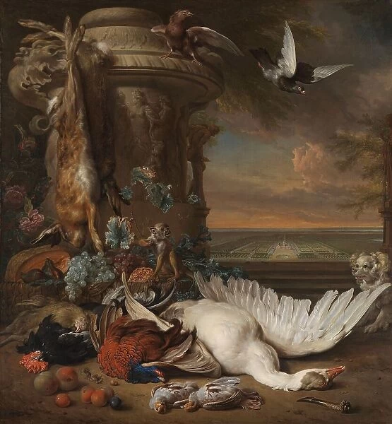 Hunting and Fruit Still Life next to a Garden Vase, with a Monkey, Dog and two Doves... 1714. Creator: Jan Weenix