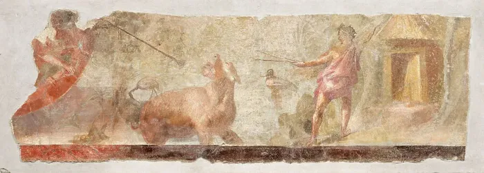 Framed Print : Hunting Hippos in a river landscape with two hunters, two water birds and a dwelling on... 1st cent Creator: Roman-Pompeian wall painting () Framed Print : Hunting Hippos in a river landscape with two hunters, two water birds and a dwelling on... 1st cent Creator: Roman-Pompeian wall painting ()