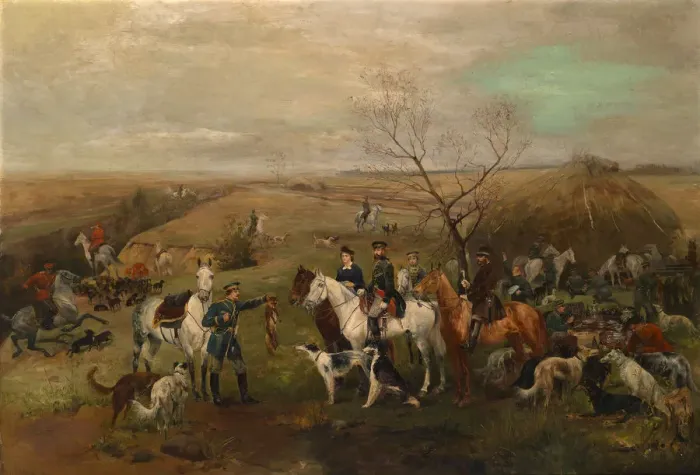 Framed Print : Hunting party with the Emperor Alexander III and Empress Maria Feodorovna, 1880s. Artist: Samokish, Nikolai Semyonovich (1860-1944) Framed Print : Hunting party with the Emperor Alexander III and Empress Maria Feodorovna, 1880s. Artist: Samokish, Nikolai Semyonovich (1860-1944)