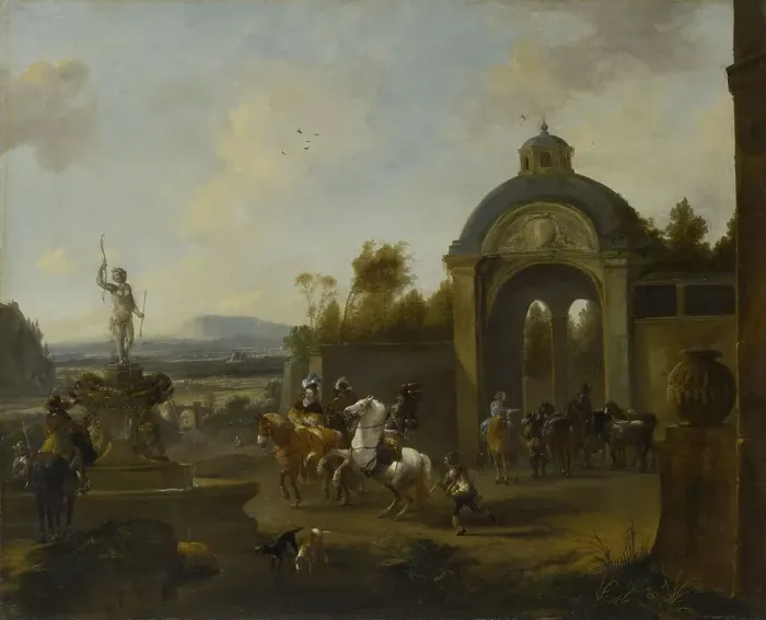 Framed Print : Hunting Party at a Fountain, 1660-1682. Creator: Pieter Wouwerman Framed Print : Hunting Party at a Fountain, 1660-1682. Creator: Pieter Wouwerman